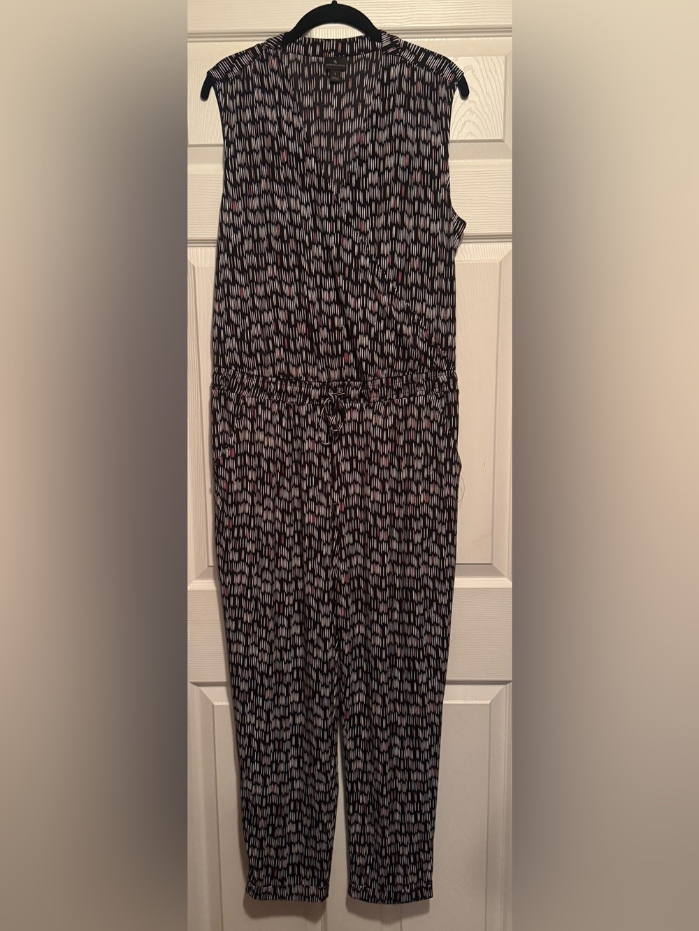 Worthington Sz Large Black Jumpsuit with Coral & White Linear Print, tie waist
